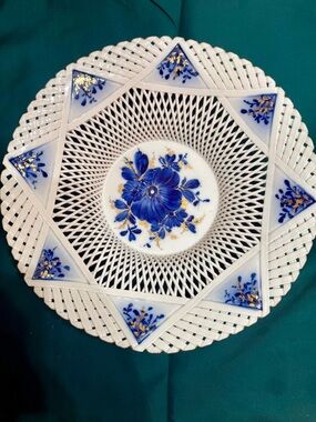Vintage Sumi Romania Blue Floral Reticulated Porcelain Basket - Signed Handmade